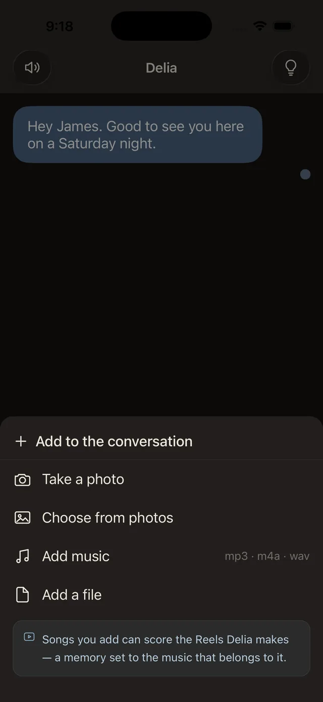 The real attach menu on iPhone: take a photo, choose from photos, add music, or add a file to the conversation.